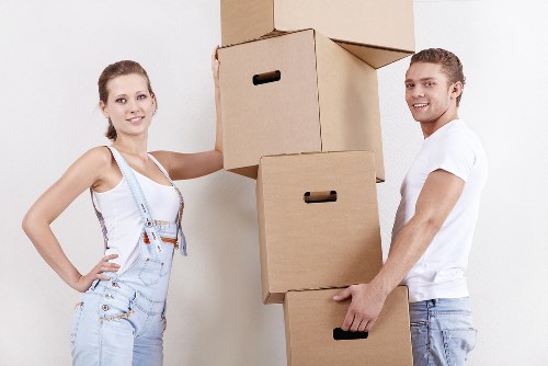 Packed moving boxes ready for local removals in Neweltham